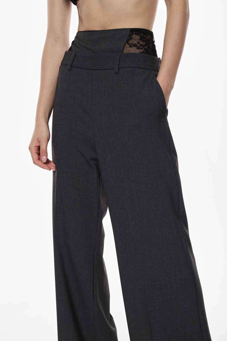 Pantaloni palazzo vita alta con inserto in pizzo