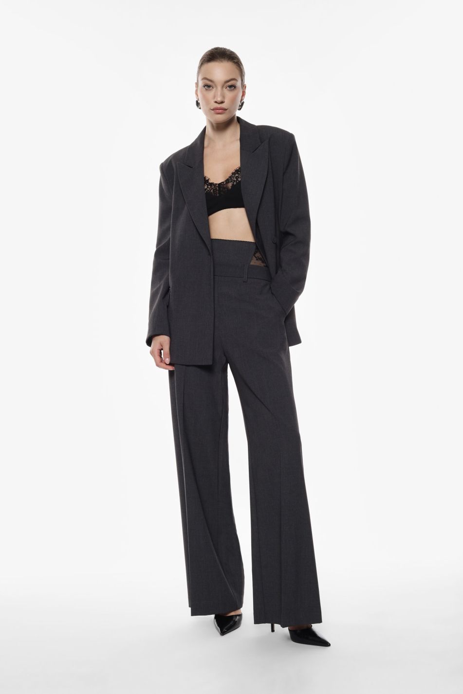 Pantaloni palazzo vita alta con inserto in pizzo