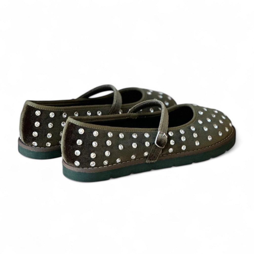 Ballerina velvet green con strass e cinturino