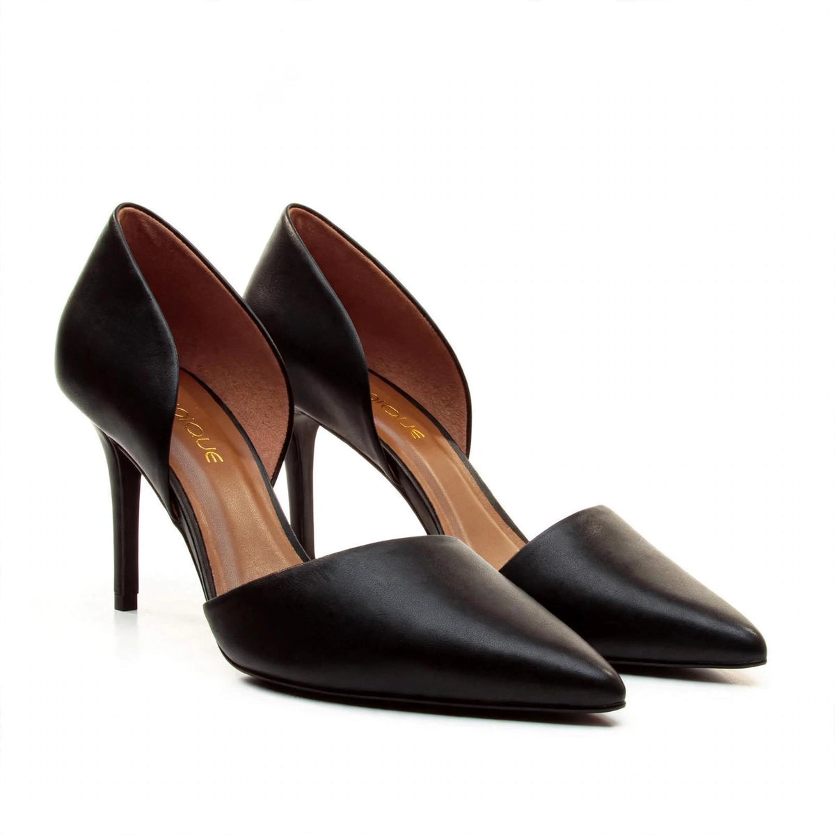 Black leather pumps