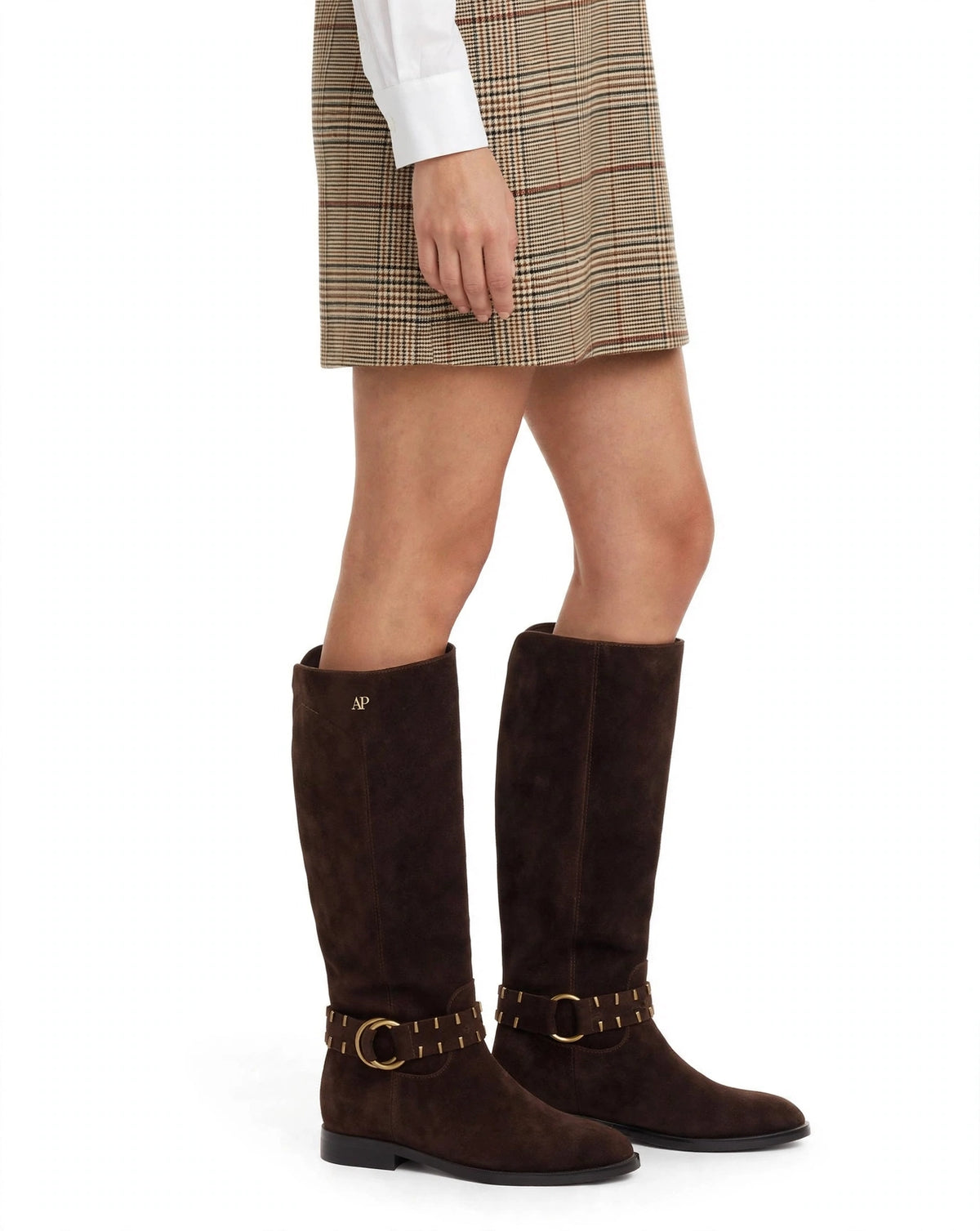 Tall dark brown suede boot with zip and ankle detail