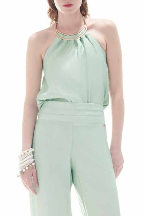 Completo acqua con top applicazione platino e pantalone palazzo