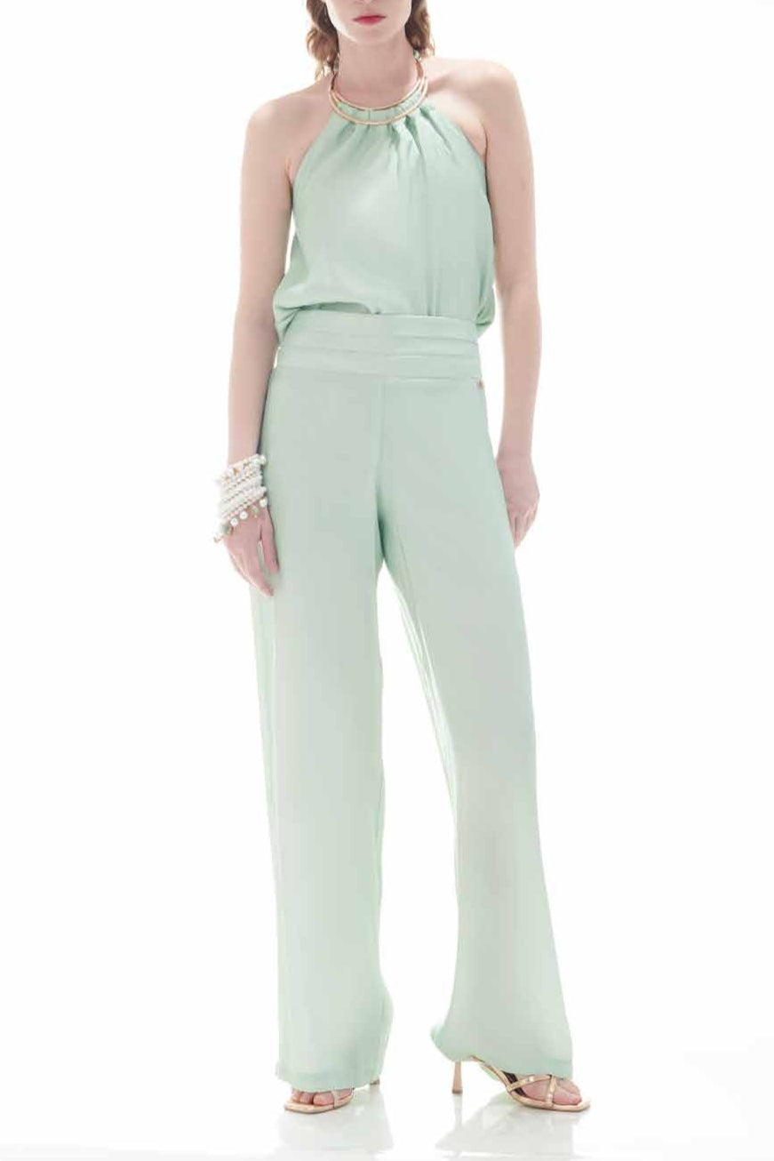 Completo acqua con top applicazione platino e pantalone palazzo