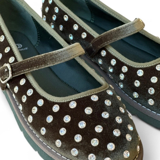 Ballerina velvet green con strass e cinturino