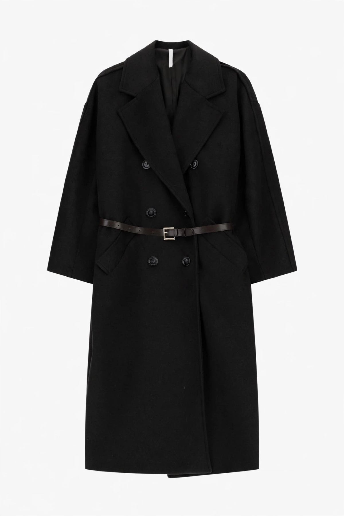 Cappotto nero lungo doppiopetto con cintura e tasche