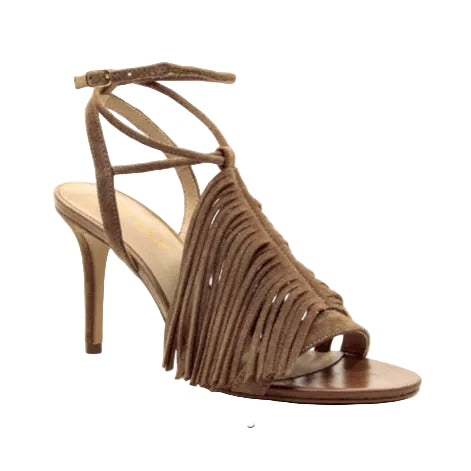 Sandalo in camoscio taupe con frange