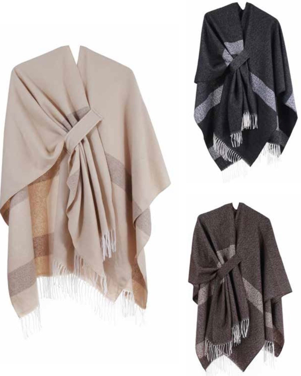 Poncho beige con frange