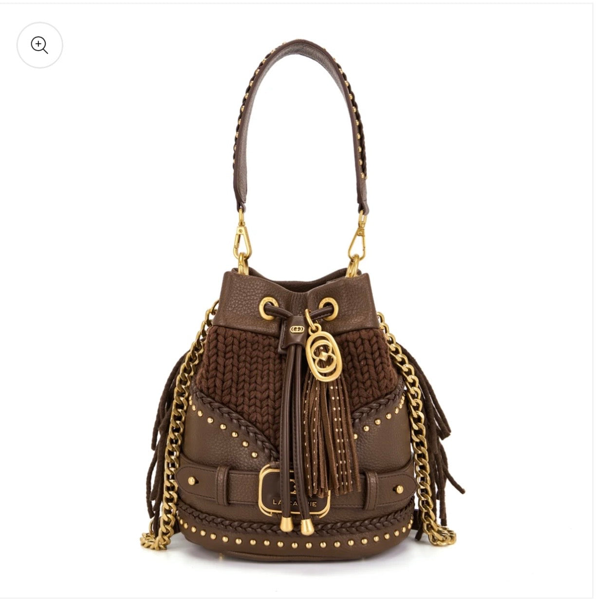 Secchiello grande brown in pelle e lana intrecciata