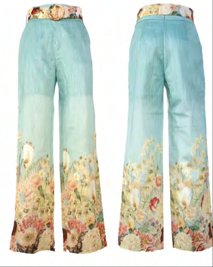 Pantalone a palazzo celeste a fantasia floreale e cintura in vita