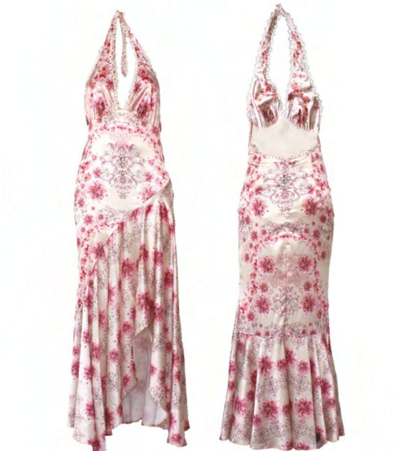 Abito lungo rosa a fantasia floreale con scollo all’americana e schiena scoperta