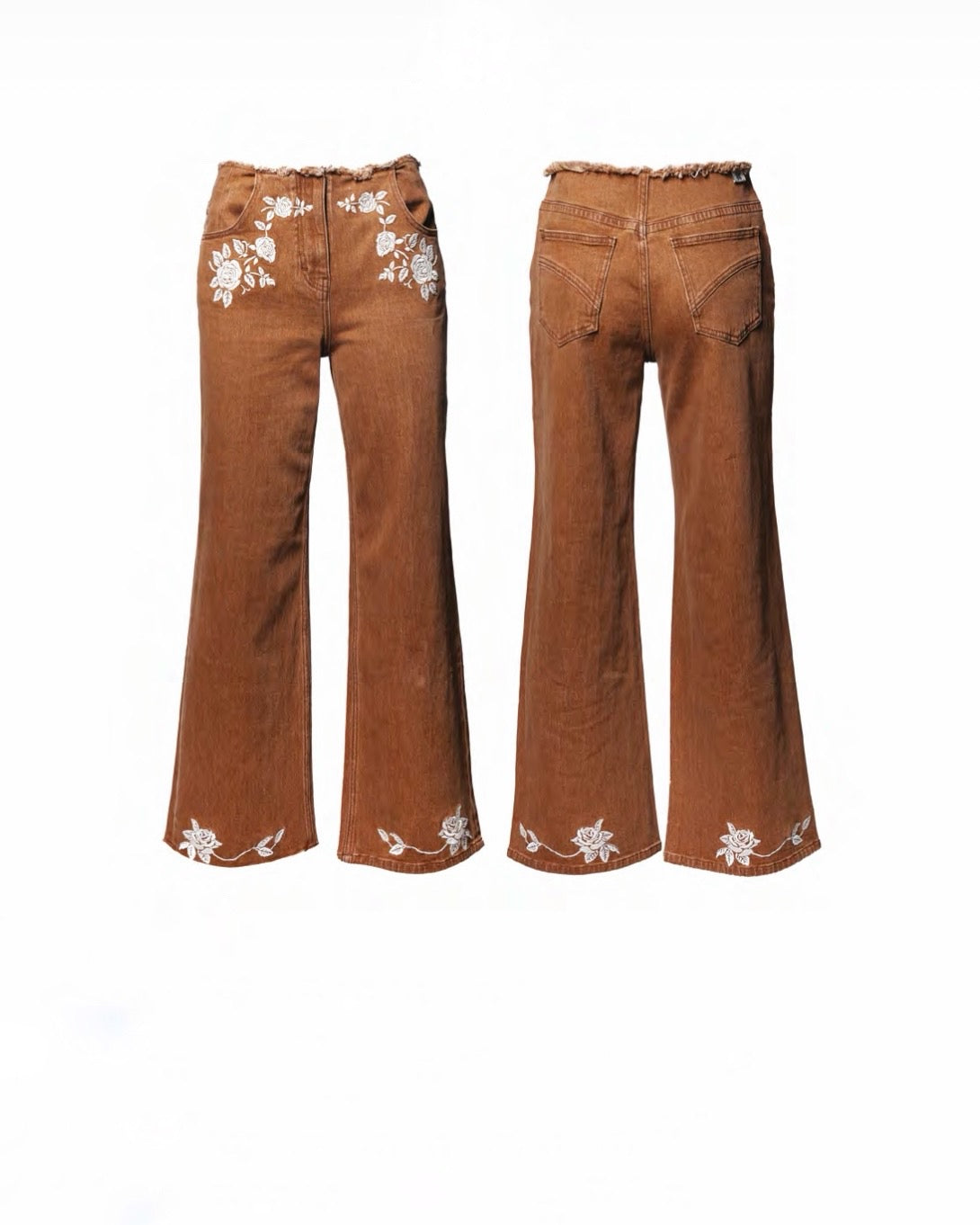 Jeans camel palazzo con ricamo