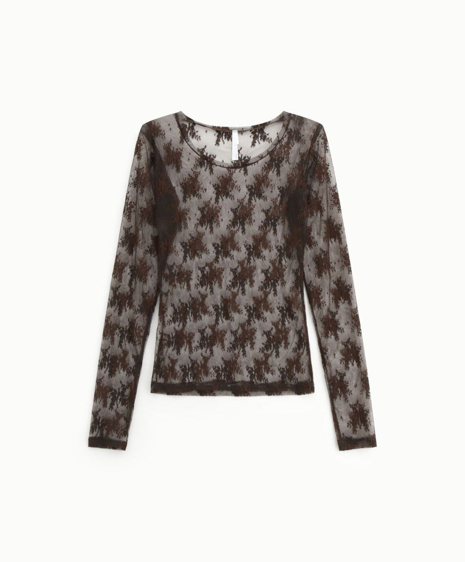 Maglia cioccolato manica lunga effetto pizzo