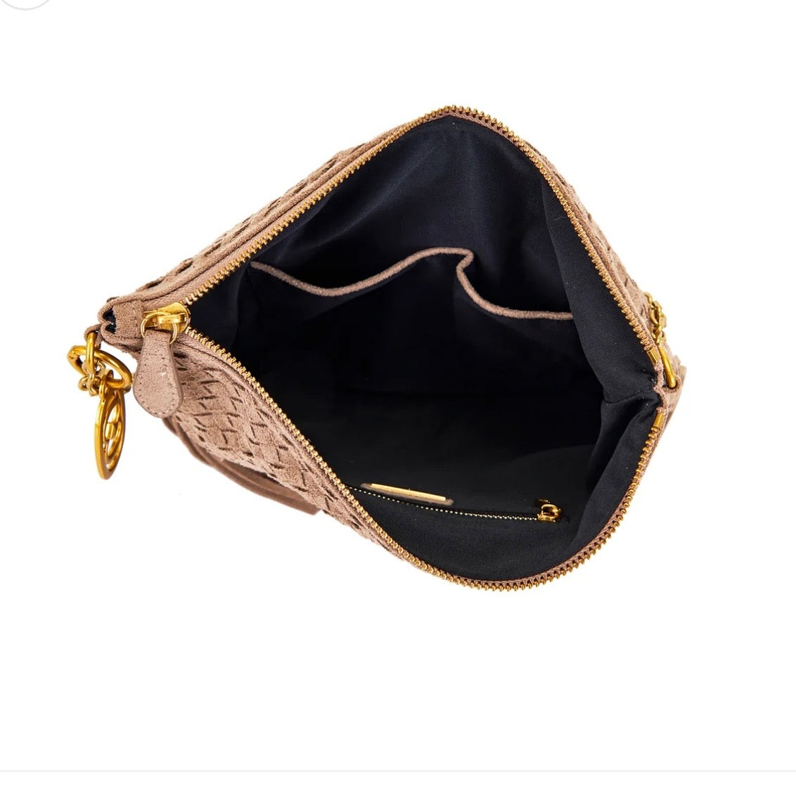 Pochette suede taupe con frange e borchie oro