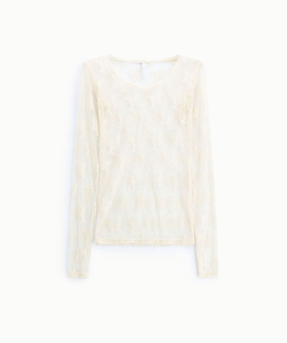 Maglia panna manica lunga effetto pizzo