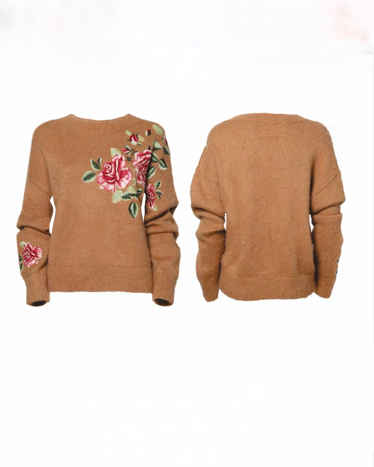 Maglione cammello con dettagli ricamo a fiori