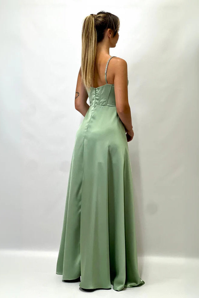 Abito lungo a bustino verde salvia Evelyn