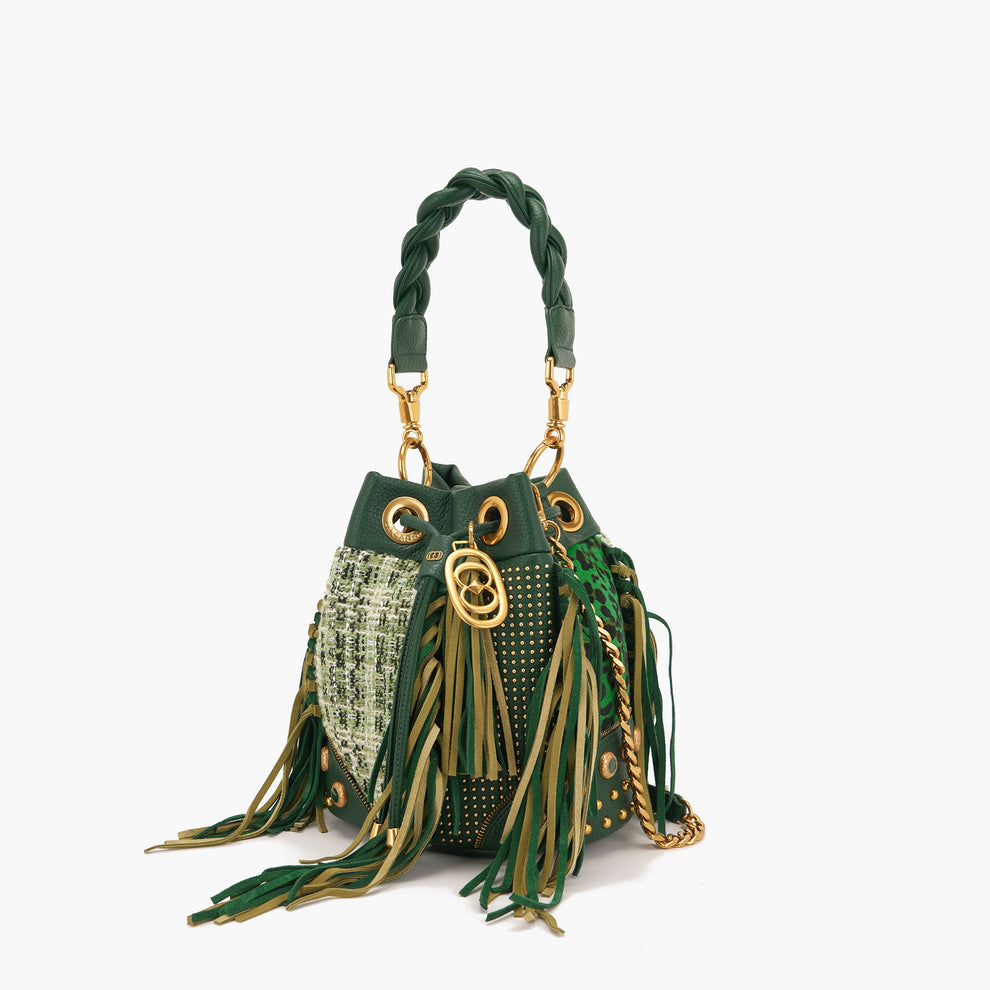 Secchiello verde Legacy con frange e borchie