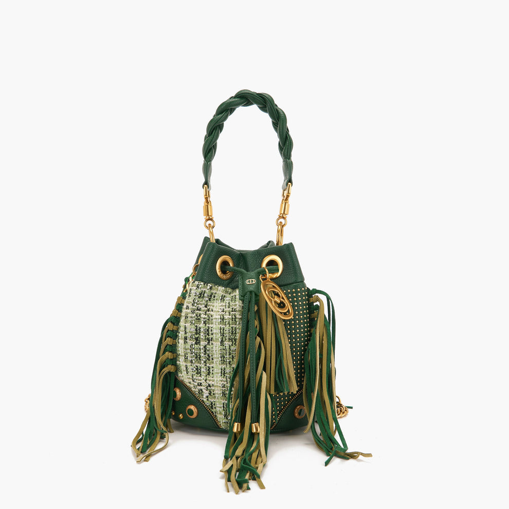 Secchiello verde Legacy con frange e borchie