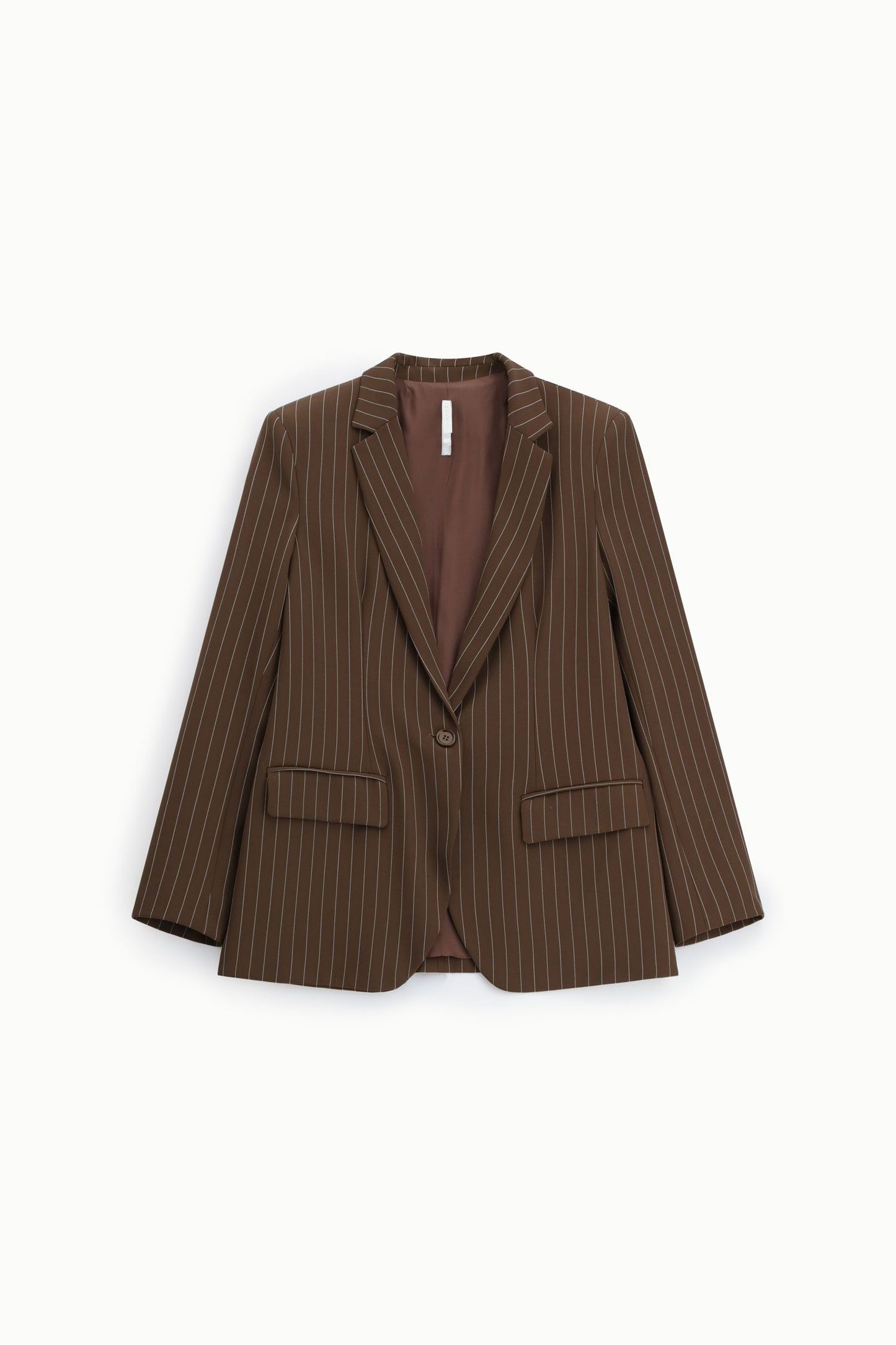 Tailleur moro con blazer monopetto a righe e pantalone a palazzo