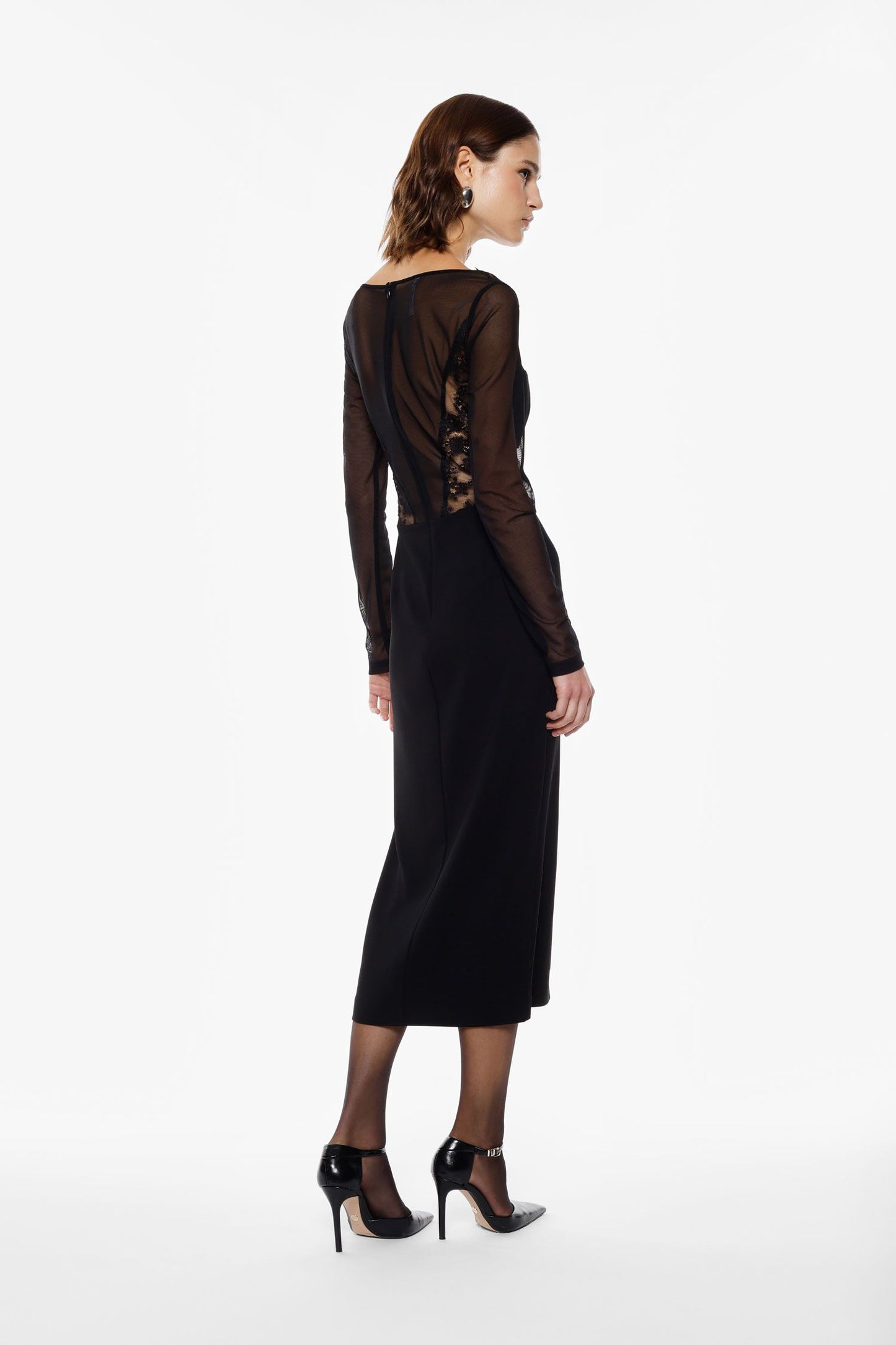 Abito midi nero con maniche velate e pizzo