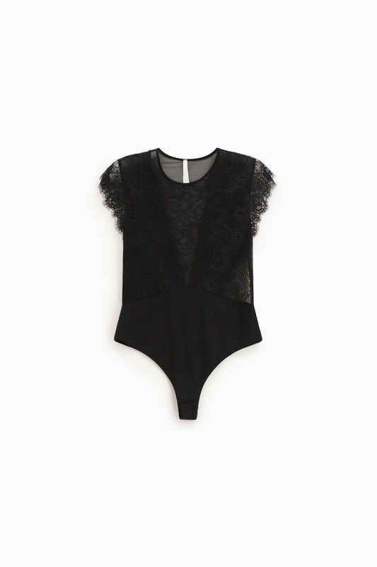 Body in tulle con inserti in pizzo e scollo tondo