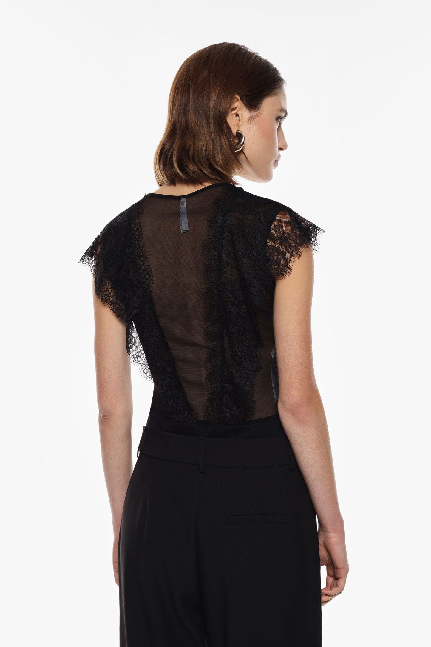 Body in tulle con inserti in pizzo e scollo tondo