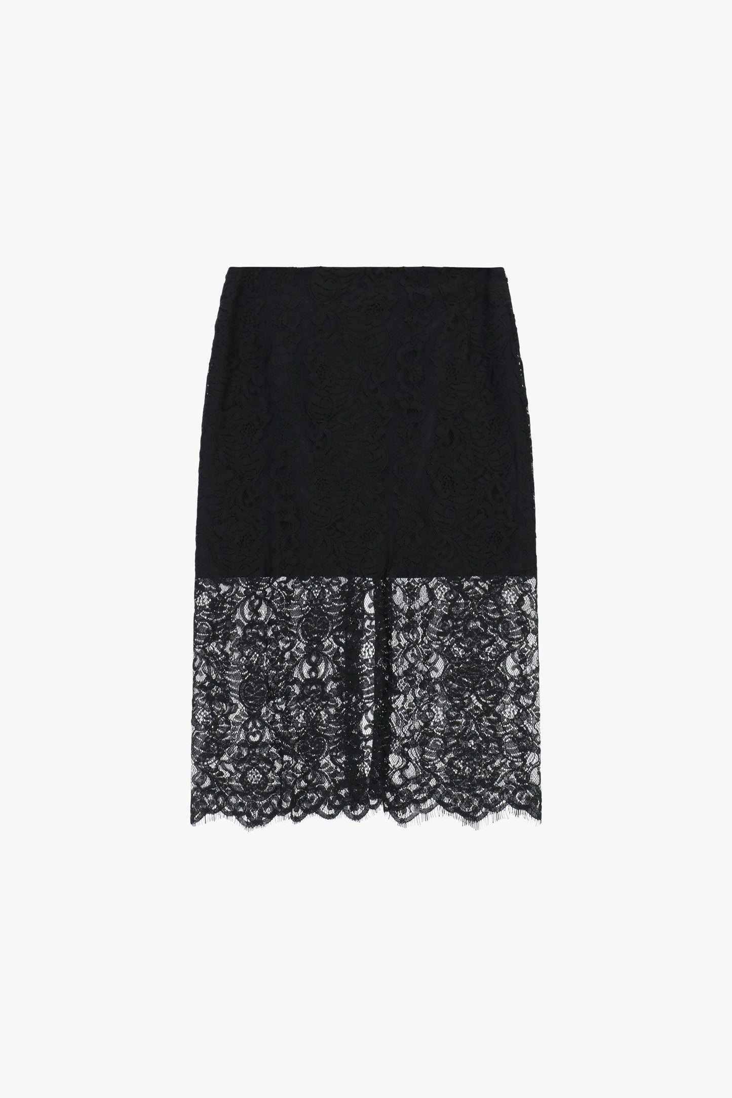 Completo nero in pizzo con top corto a maniche corte e collo alto e gonna
