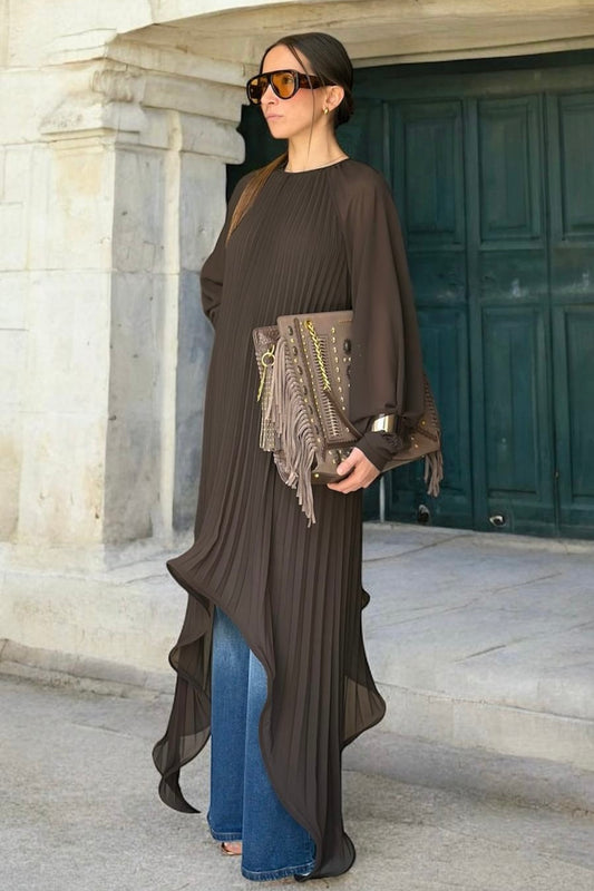 Abito cioccolato plissettato asimmetrico