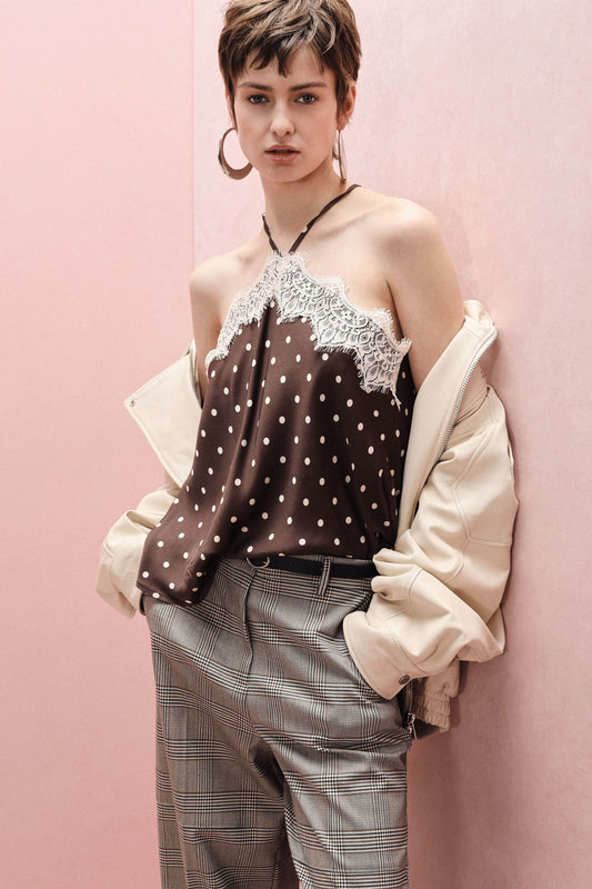 Top moro con spalline sottili, pizzo e pois panna