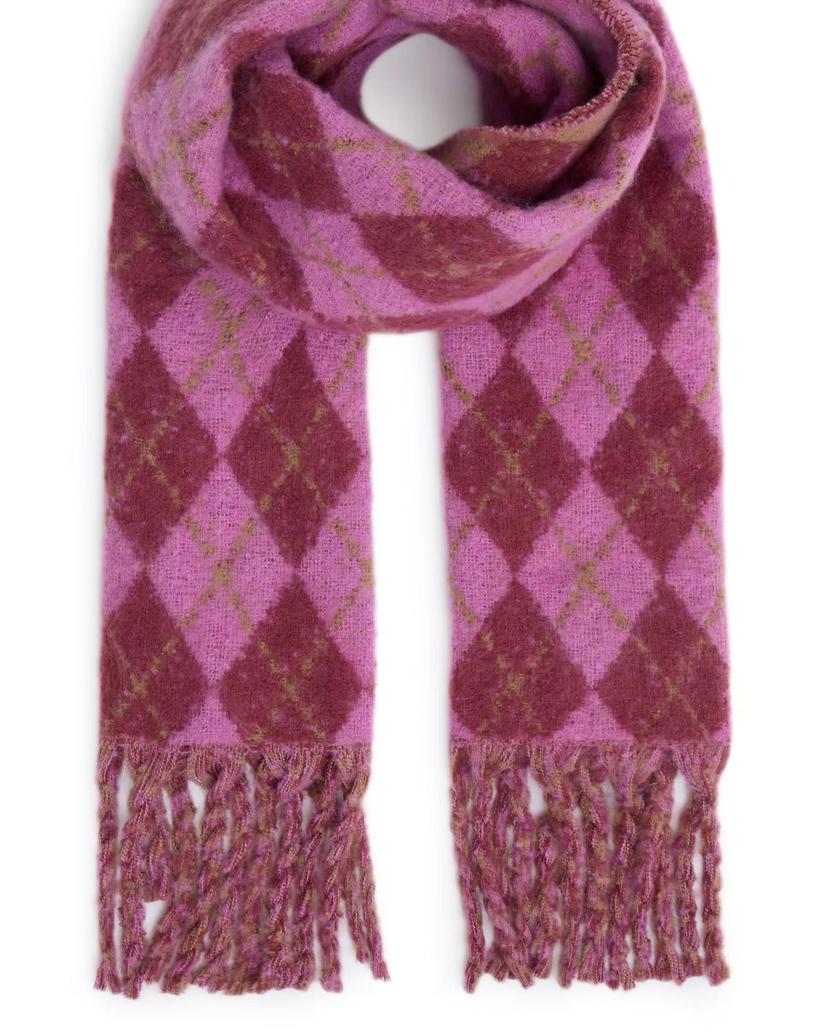 Sciarpa rombi fuxia/bordeaux con frange