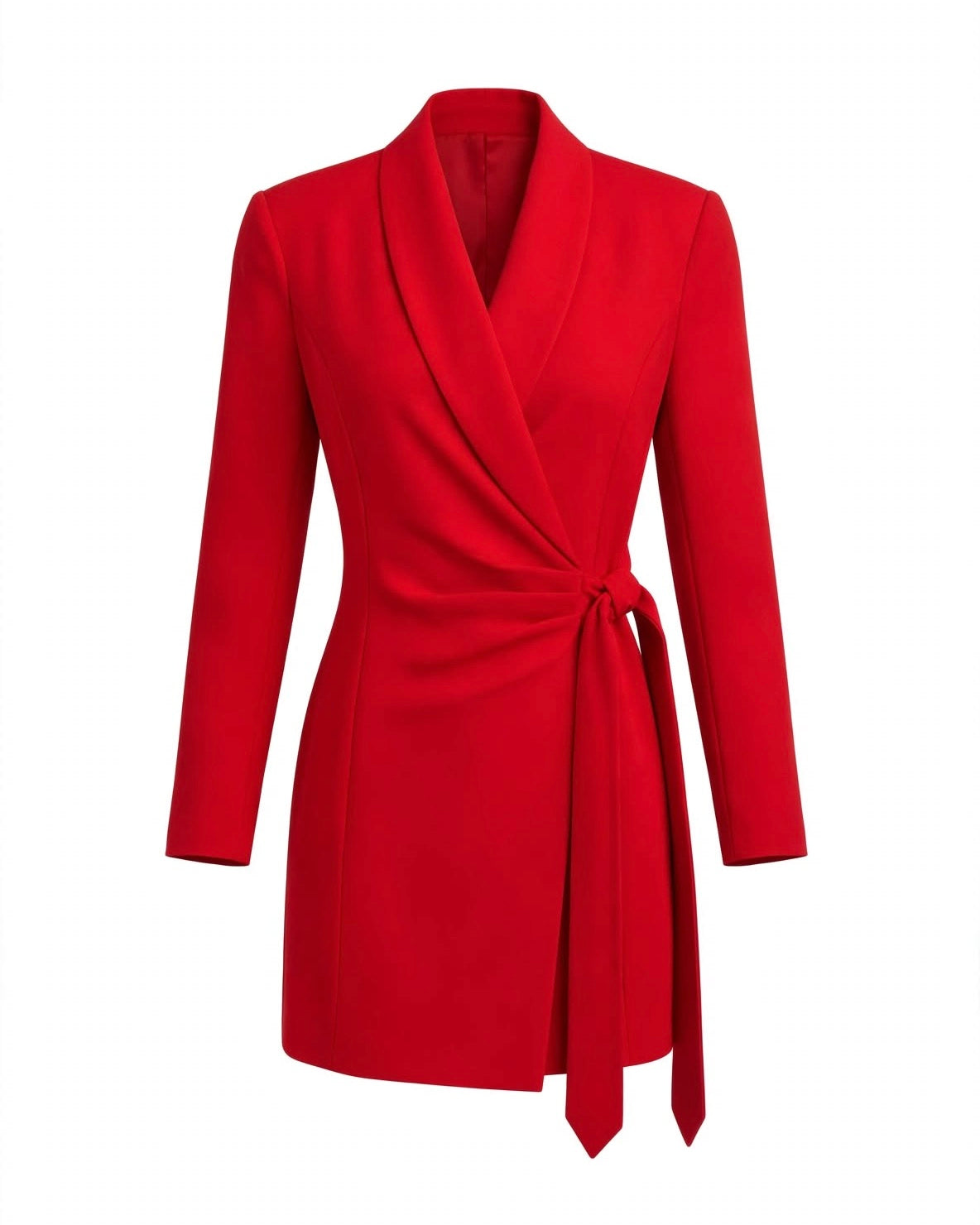 Red jacket dress with satin lapels and belt and padded shoulders