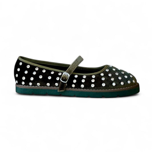 Ballerina velvet green con strass e cinturino
