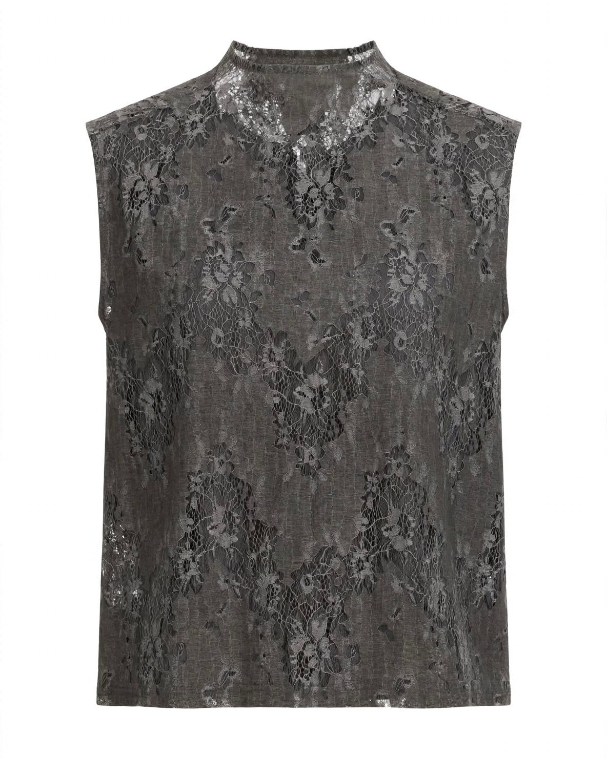 Completo grigio in pizzo gilet smanicato e gonna midi
