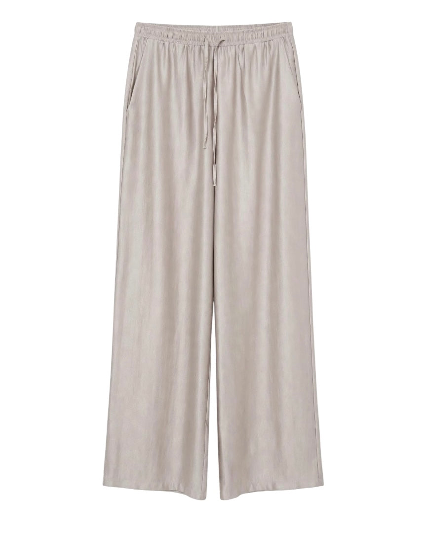 Grey suit, 2-button jacket with stone embellishment, palazzo trousers with elasticated waist, glossy finish