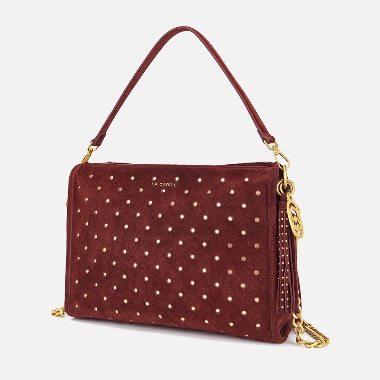 Borsa a spalla burgundy in suede con borchie oro