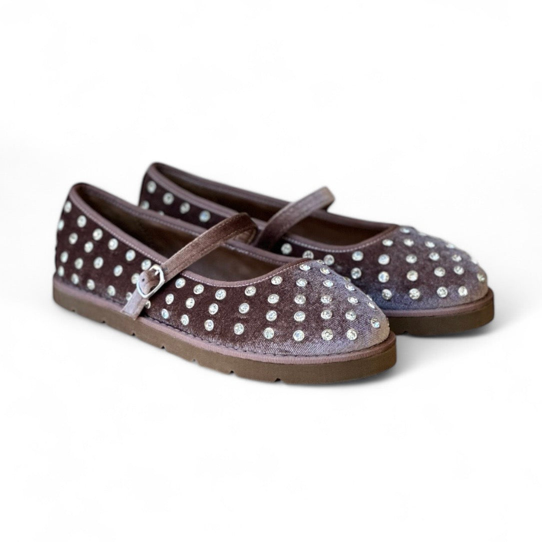 Ballerina velvet taupe con strass e cinturino