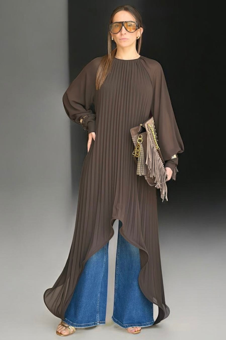 Abito cioccolato plissettato asimmetrico