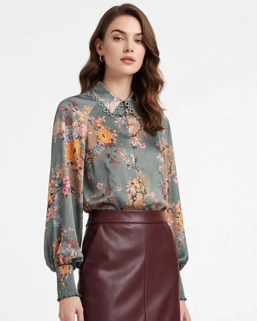 Camicia fantasia manica lunga con arricciature sui polsini