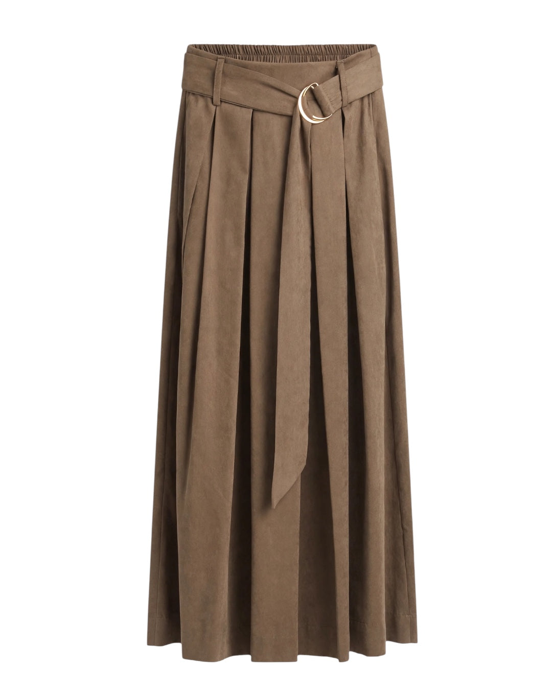 Mud-colored set consisting of a shirt with a Peter Pan collar, elasticated waist, and a long skirt with gathers and a belt at the waist
