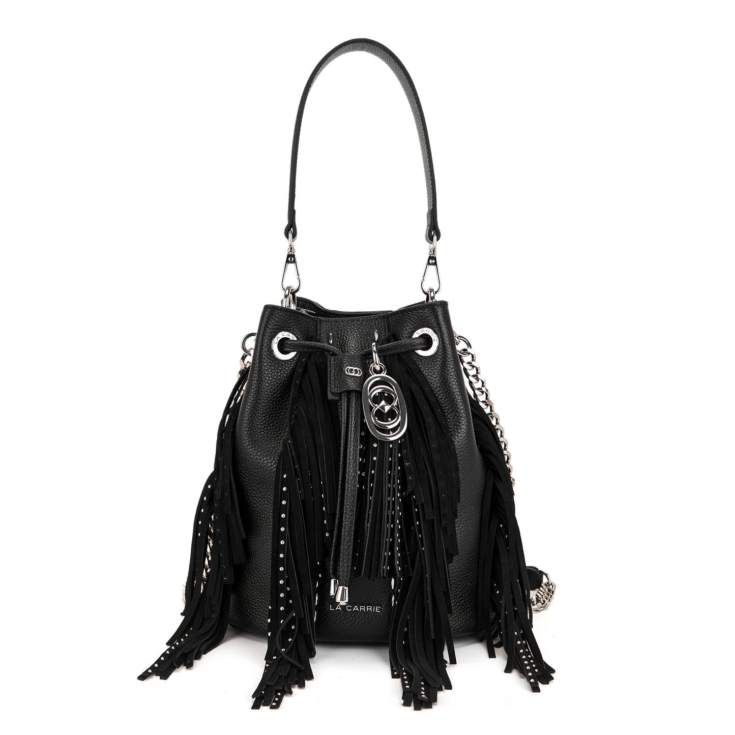 Secchiello black con frange a contrasto in suede