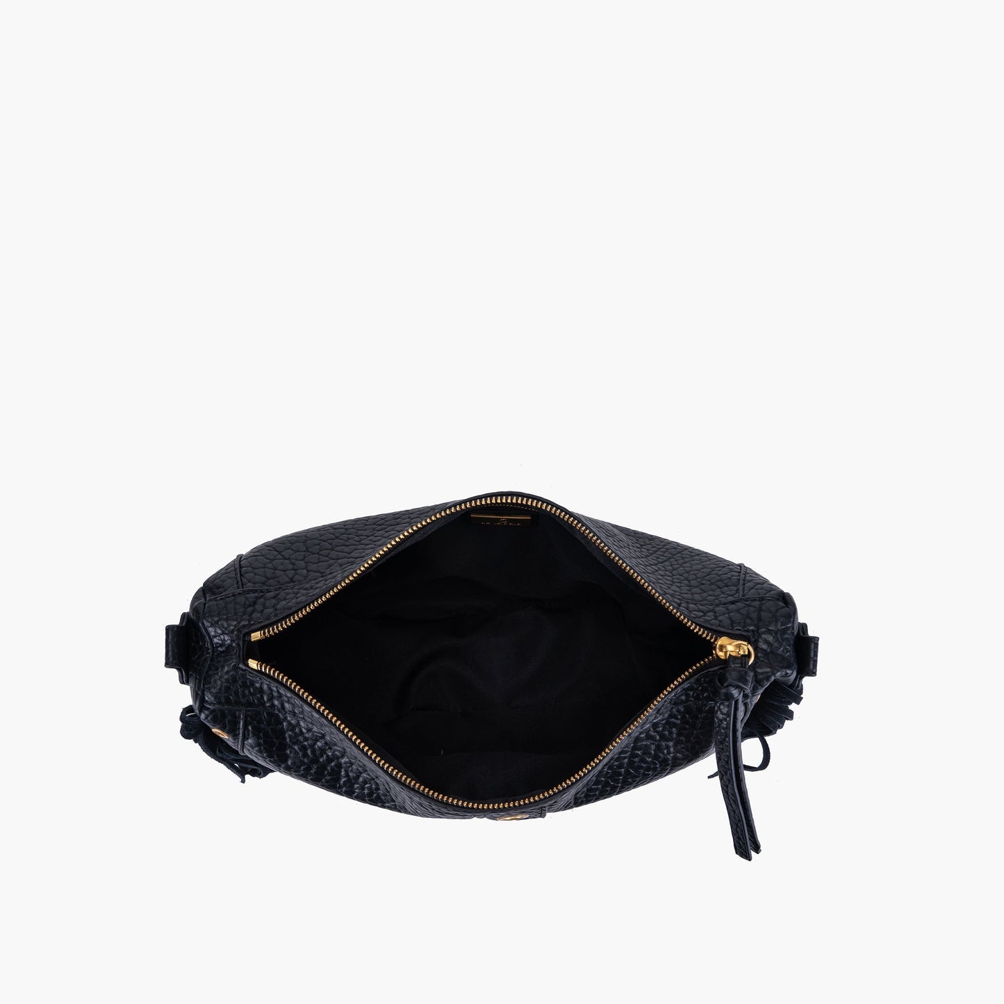 Borsa a spalla nera con frange e applicazioni oro Fringes