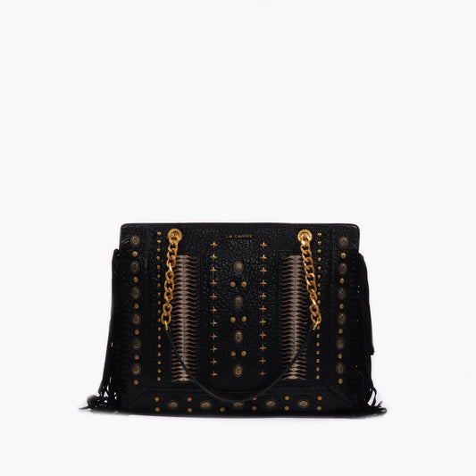Borsa a spalla nera con borchie e frange Jungle