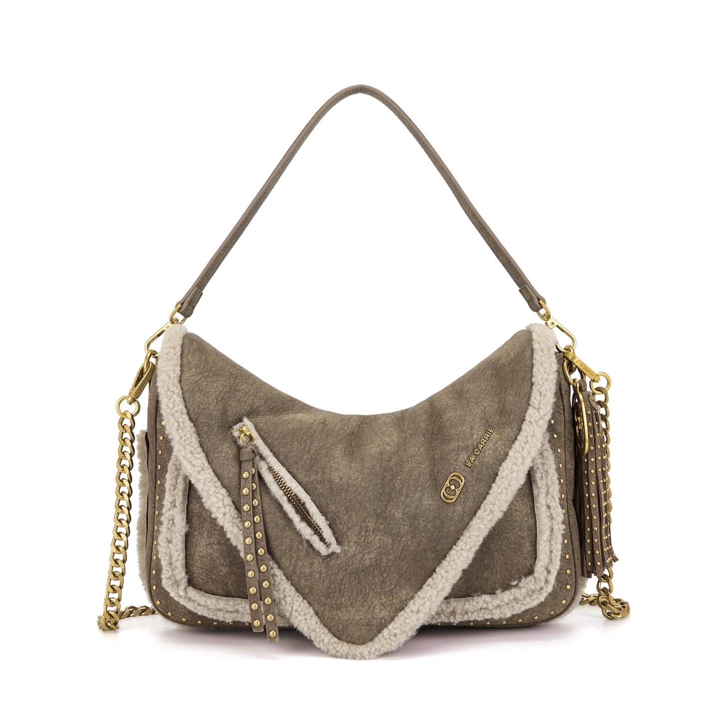 Borsa a spalla taupe effetto montone