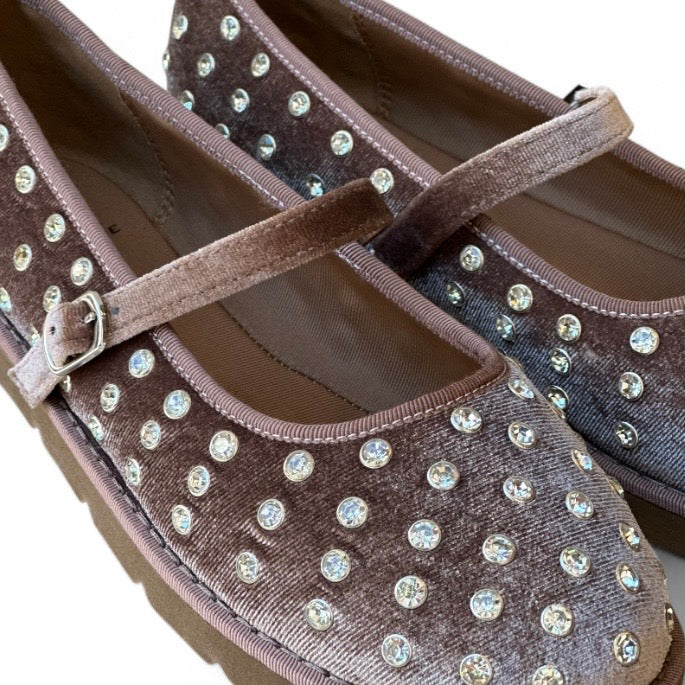 Ballerina velvet taupe con strass e cinturino