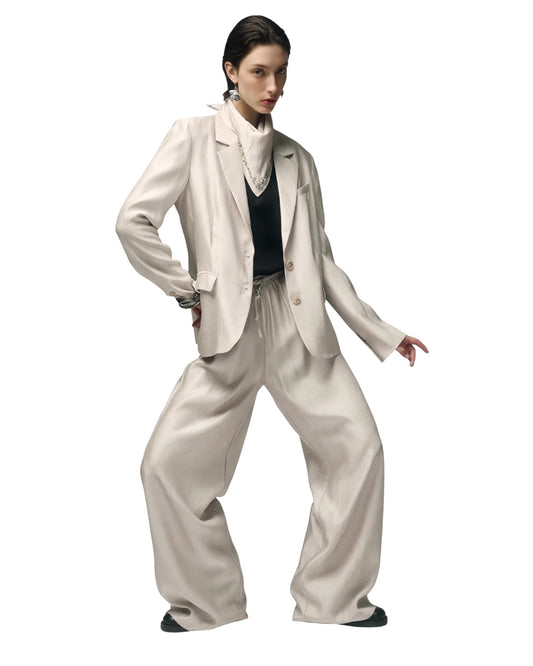 Grey suit, 2-button jacket with stone embellishment, palazzo trousers with elasticated waist, glossy finish