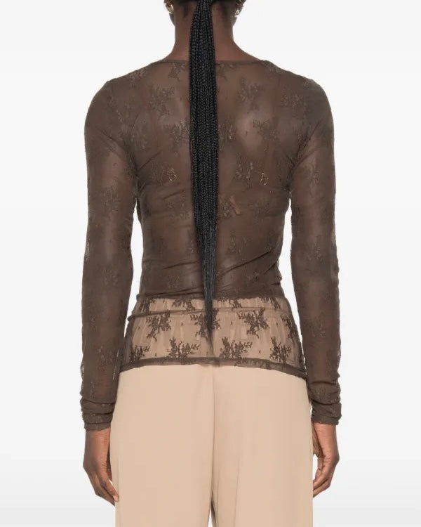 Maglia cioccolato manica lunga effetto pizzo