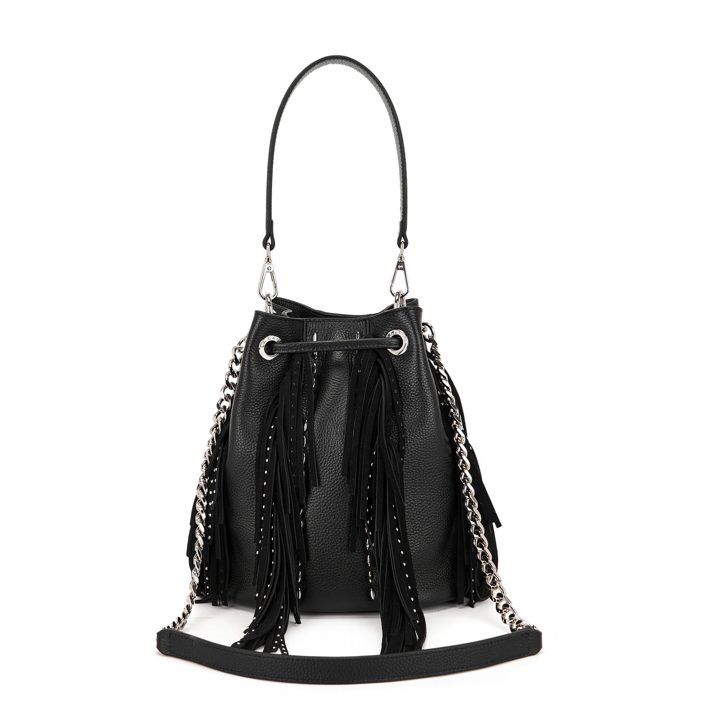 Secchiello black con frange a contrasto in suede