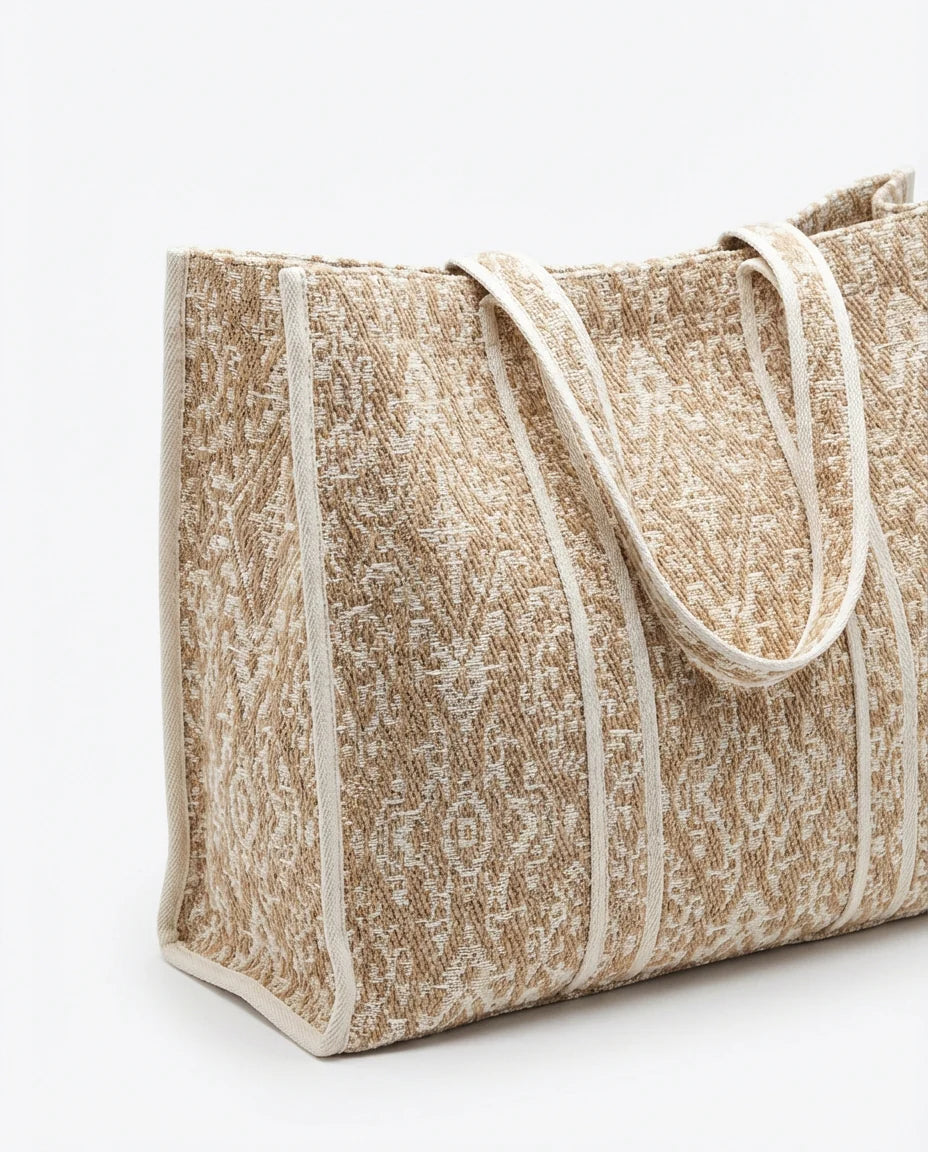 Ampia borsa in tessuto jacquard. Manico corto.