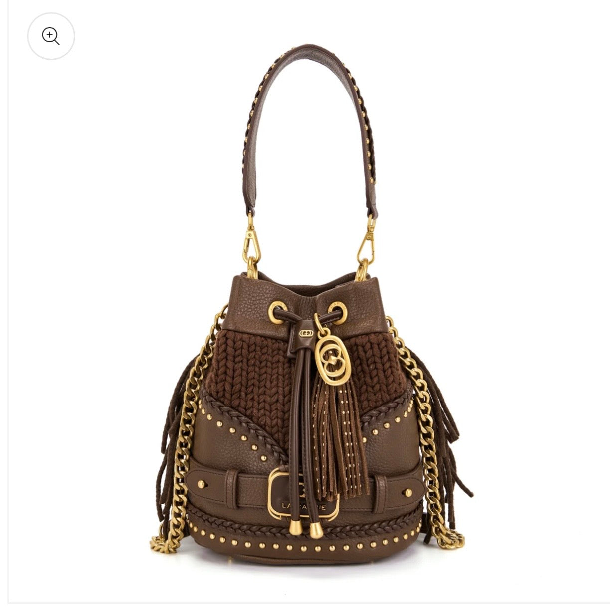 Secchiello grande brown in pelle e lana intrecciata