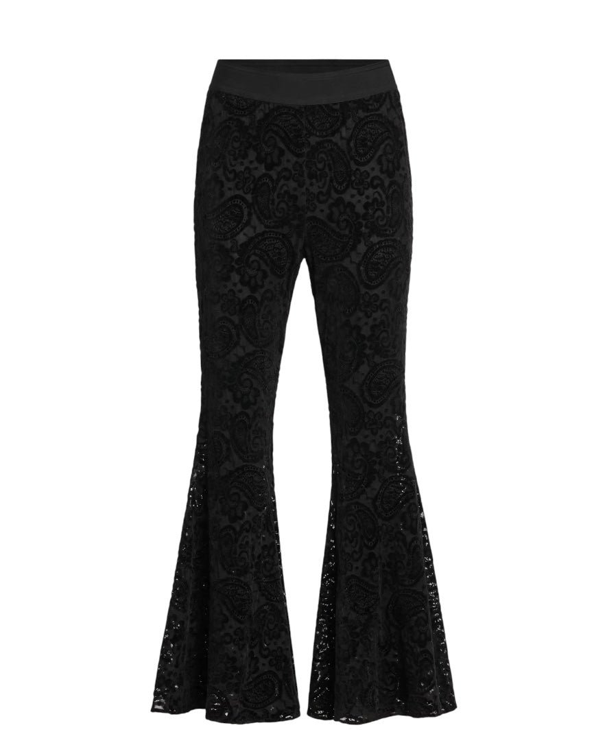 Pantalone a zampa nero con dettagli in pizzo e velluto